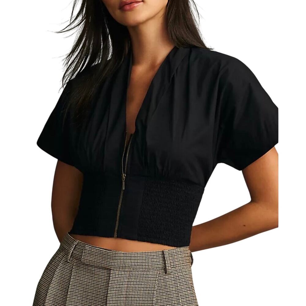 Anthropologie Maeve L Black Zip Front Smocked Cinched Waist Mod Top Minimalist